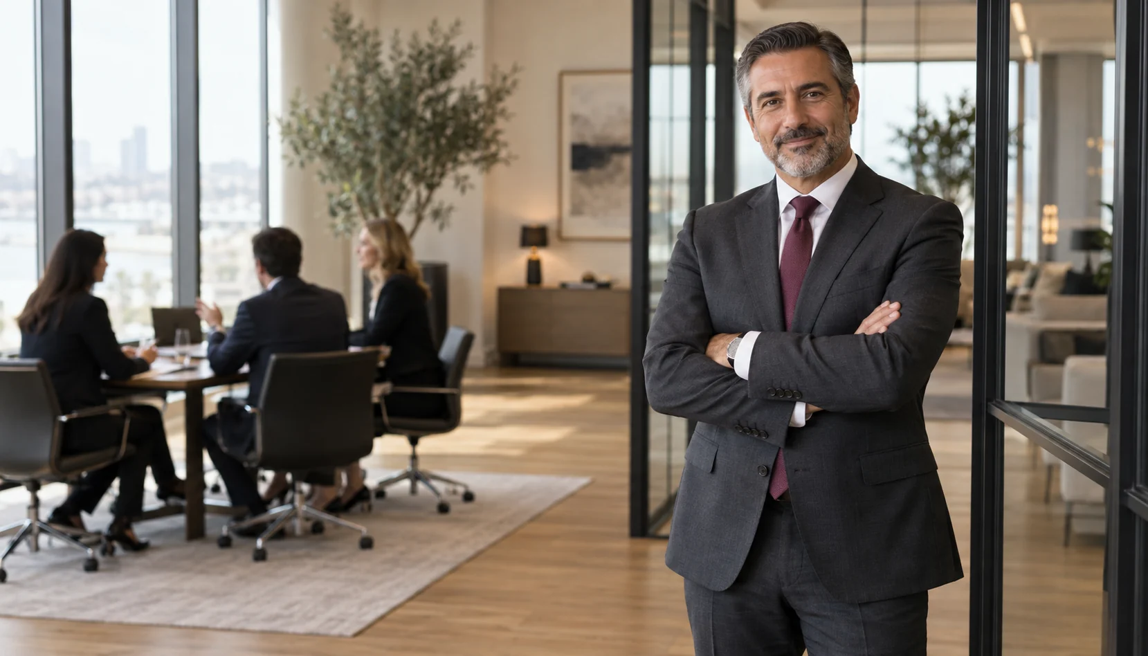 A welcoming financial professional in a sunlit contemporary office